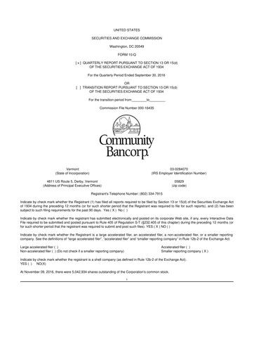 Thumbnail Community Bancorp 10-Q Quarterly Report FY2016 