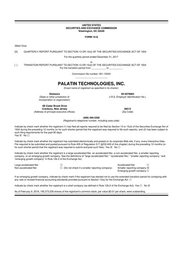 Thumbnail Palatin Technologies 10-Q Quarterly Report FY2018 