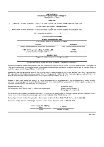 Thumbnail Pure Cycle (water) 10-Q Quarterly Report FY2018 