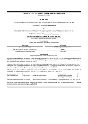 Thumbnail Peoples Bancorp of North Carolina 10-Q Quarterly Report FY2018 