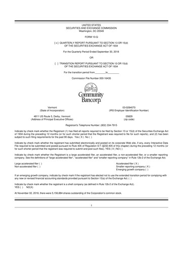 Thumbnail Community Bancorp 10-Q Quarterly Report FY2018 