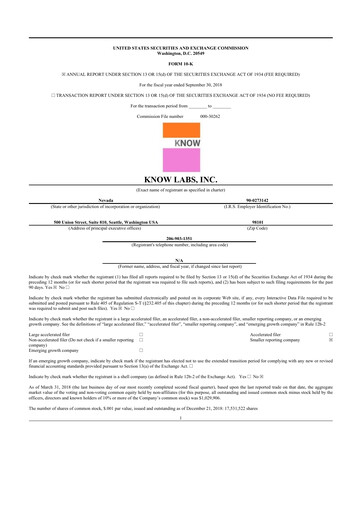 Thumbnail Know Labs 10-K Annual Report 2018