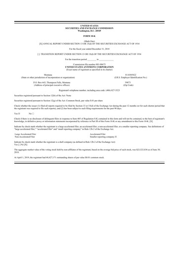 Thumbnail United States Antimony Corporation 10-K Annual Report 2018