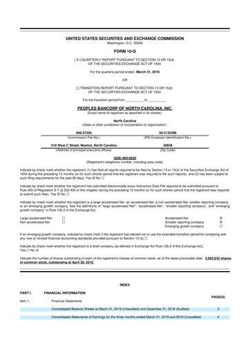 Thumbnail Peoples Bancorp of North Carolina 10-Q Quarterly Report FY2019 