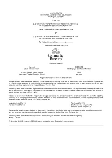 Thumbnail Community Bancorp 10-Q Quarterly Report FY2019 