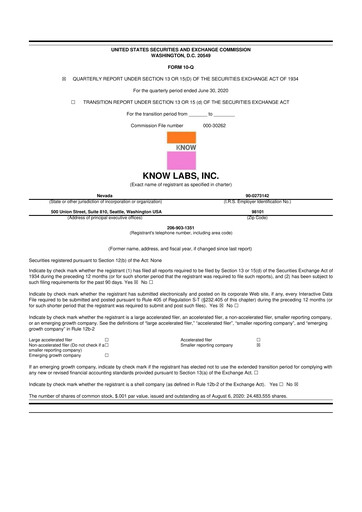 Thumbnail Know Labs 10-Q Quarterly Report FY2020 