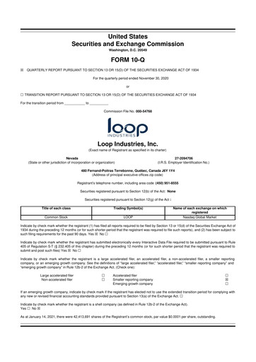 Thumbnail Loop Industries
 10-Q Quarterly Report FY 