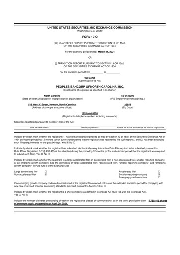 Thumbnail Peoples Bancorp of North Carolina 10-Q Quarterly Report FY2021 