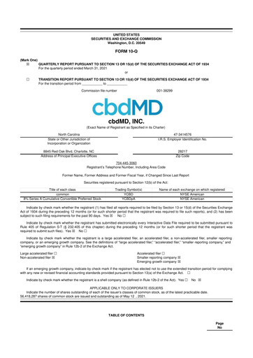 Miniature cbdMD 10-Q Rapport trimestriel 2021 