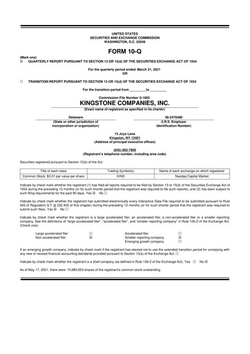 Vorschaubild Kingstone Companies 10-Q Quartalsbericht 2021 