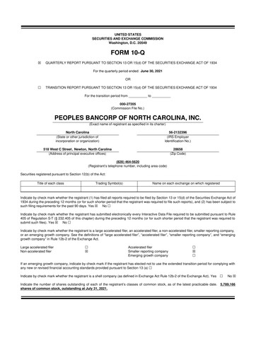 Thumbnail Peoples Bancorp of North Carolina 10-Q Quarterly Report FY2021 