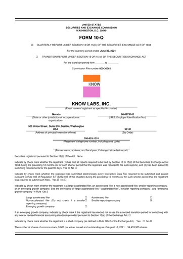 Thumbnail Know Labs 10-Q Quarterly Report FY2021 