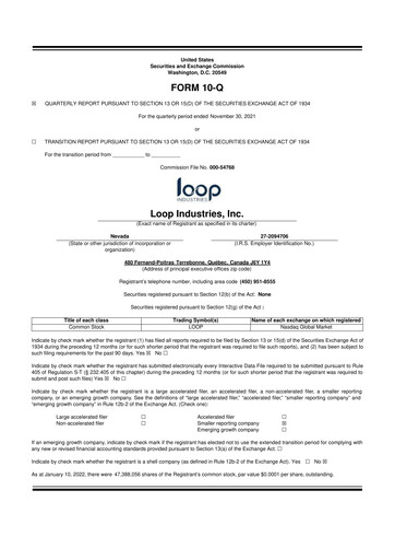 Thumbnail Loop Industries
 10-Q Quarterly Report FY 