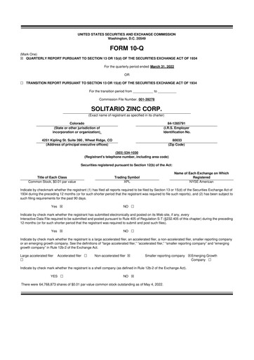 Thumbnail Solitario Resources
 10-Q Quarterly Report FY2022 