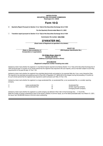Miniature 374Water 10-Q Rapport trimestriel  