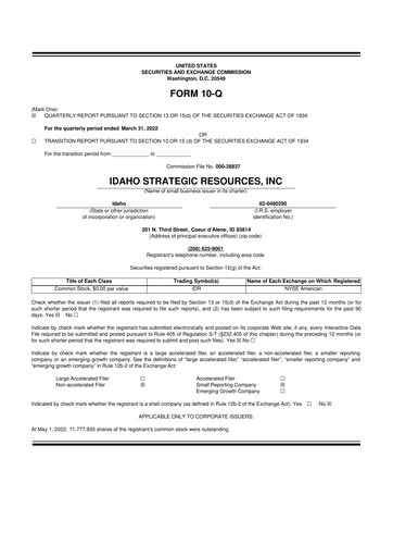 Thumbnail Idaho Strategic Resources 10-Q Quarterly Report FY2022 