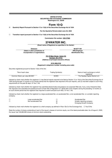 Miniature 374Water 10-Q Rapport trimestriel  