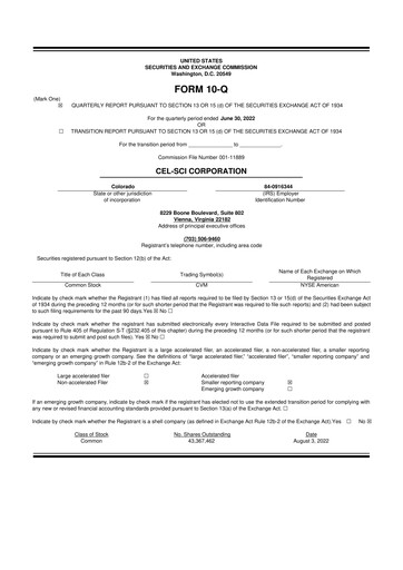 Thumbnail Cel-Sci

 10-Q Quarterly Report FY2022 