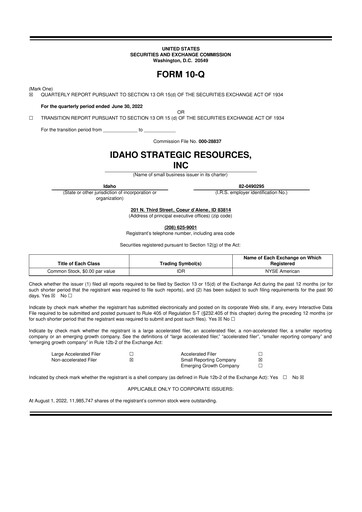 Thumbnail Idaho Strategic Resources 10-Q Quarterly Report FY2022 