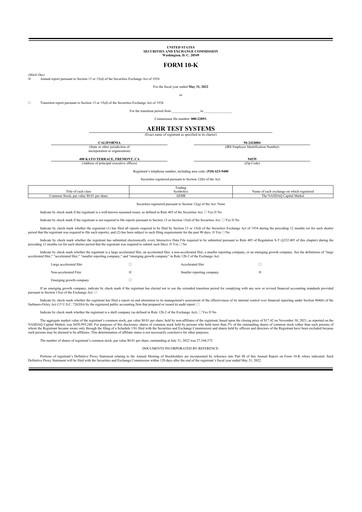Thumbnail Aehr Test Systems 10-K Annual Report 2022