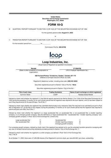 Thumbnail Loop Industries
 10-Q Quarterly Report FY 