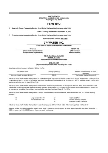 Miniature 374Water 10-Q Rapport trimestriel  