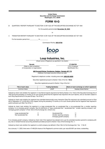 Thumbnail Loop Industries
 10-Q Quarterly Report FY 