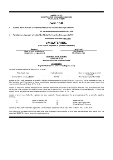 Miniature 374Water 10-Q Rapport trimestriel  