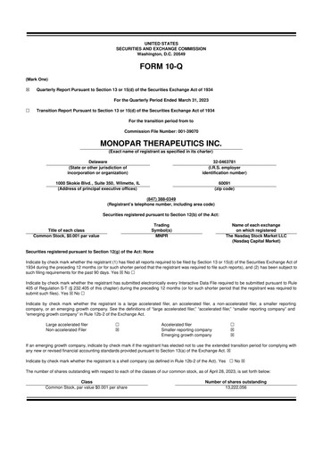 Thumbnail Monopar Therapeutics 10-Q Quarterly Report FY 