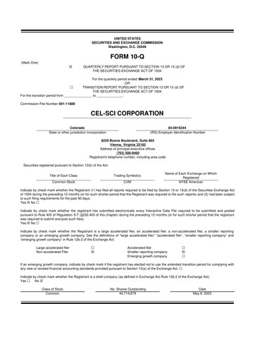Thumbnail Cel-Sci

 10-Q Quarterly Report FY2023 