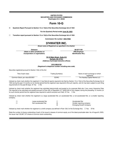 Miniature 374Water 10-Q Rapport trimestriel  