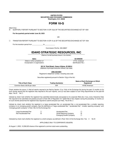 Thumbnail Idaho Strategic Resources 10-Q Quarterly Report FY2023 