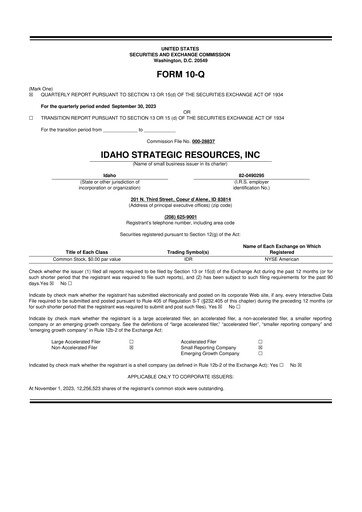 Thumbnail Idaho Strategic Resources 10-Q Quarterly Report FY2023 