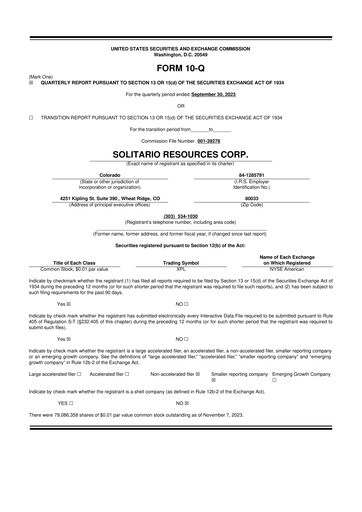 Thumbnail Solitario Resources
 10-Q Quarterly Report FY2023 