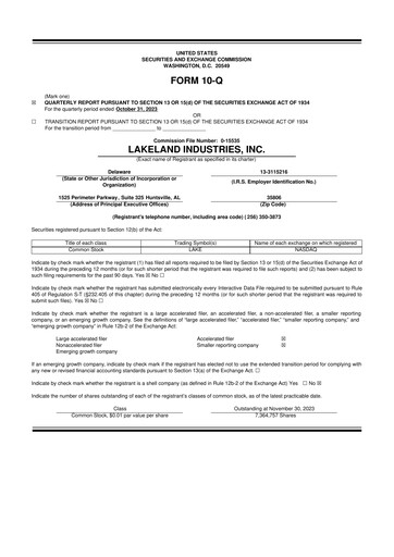 Thumbnail Lakeland Industries
 10-Q Quarterly Report FY2024 