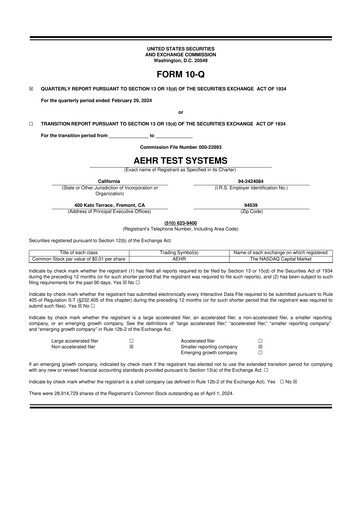 Thumbnail Aehr Test Systems 10-Q Quarterly Report FY2024 