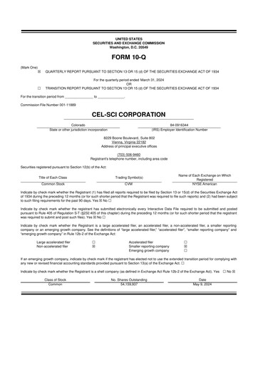 Thumbnail Cel-Sci

 10-Q Quarterly Report FY2024 