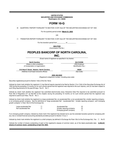 Thumbnail Peoples Bancorp of North Carolina 10-Q Quarterly Report FY2025 