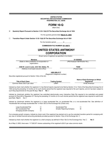 Thumbnail United States Antimony Corporation 10-Q Quarterly Report FY2025 