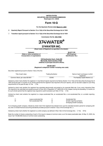 Miniature 374Water 10-Q Rapport trimestriel  