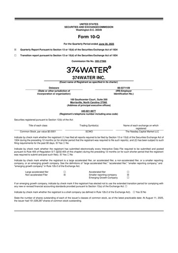 Miniature 374Water 10-Q Rapport trimestriel  