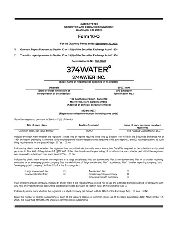 Miniature 374Water 10-Q Rapport trimestriel  