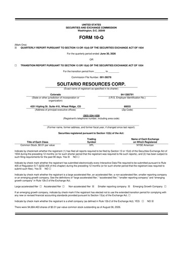 Thumbnail Solitario Resources
 10-Q Quarterly Report FY2026 