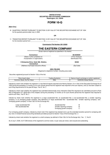 Thumbnail The Eastern Company 10-Q Quarterly Report FY2027 
