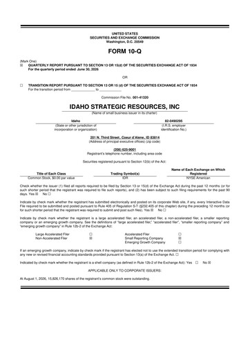 Miniature Idaho Strategic Resources 10-Q Rapport trimestriel 2026 