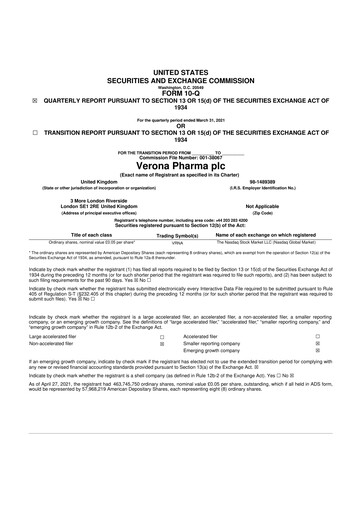 Miniature Verona Pharma 10-Q Rapport trimestriel 2021 