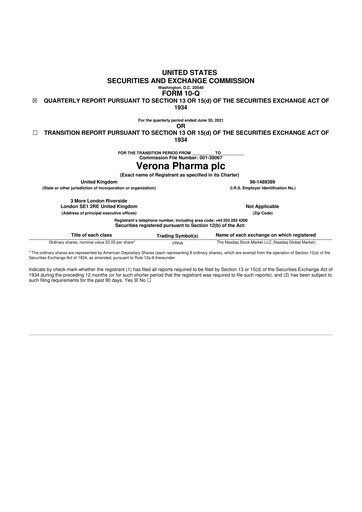 Miniature Verona Pharma 10-Q Rapport trimestriel 2021 