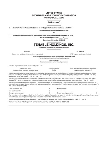 Thumbnail Tenable 10-Q Quarterly Report FY2020 