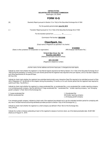 Thumbnail CleanSpark 10-Q Quarterly Report FY2019 