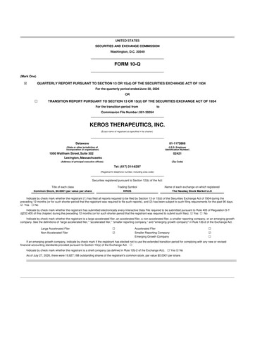Miniature Keros Therapeutics 10-Q Rapport trimestriel 2026 